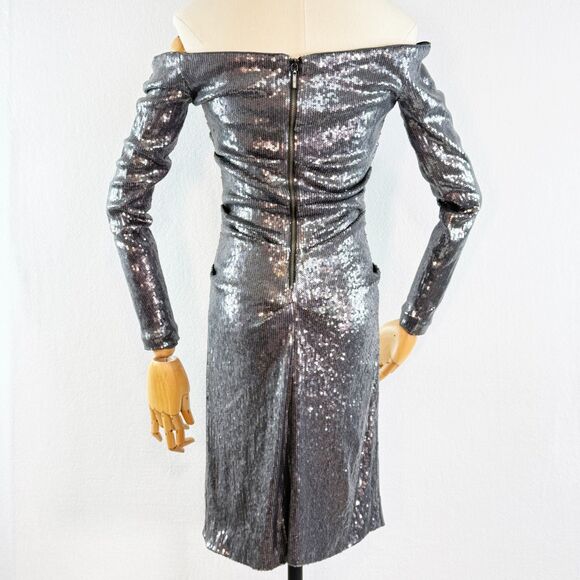 Nicole Miller | Silver Sequin Long Sleeve Off Shoulder Body Dress Ruched | Sz 6 - Picture 7 of 9
